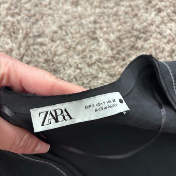 Zara Black Tie-Front Blouse Top Contrast White Stitching Bell Sleeve Y2K Small - Picture 10 of 12